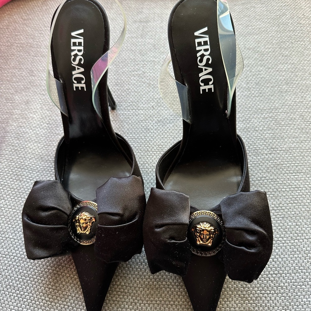 Versace Black Heels with Bow and Medusa Detail